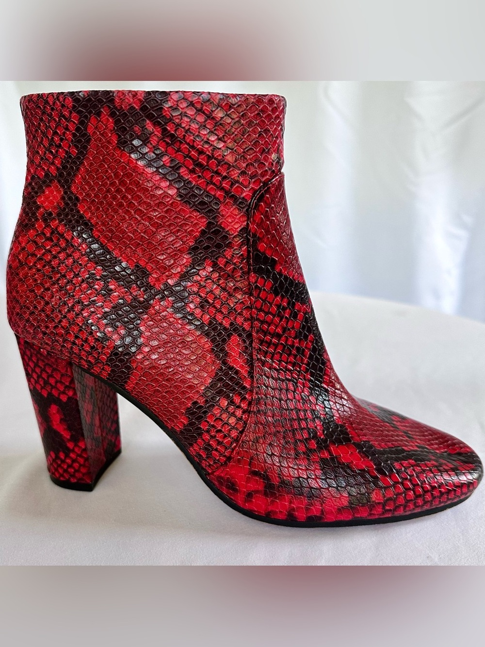 Vince Camuto Red and Black Snake-Print Sanstan Booties